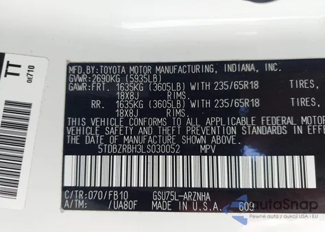 2020 Toyota Highlander Le from USA, damaged, VIN 5TDBZRBH3LS030052